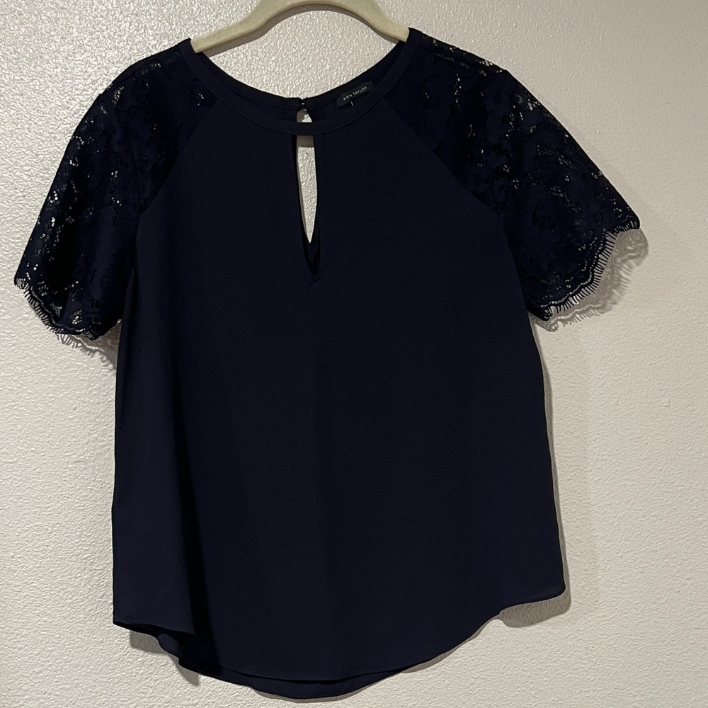 Ann Taylor Navy Lace Sleeve Blouse - Picture 2 of 9